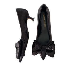 Caroline Constas Bryant Black Sequin Bow Point Toe Pumps Kitten Heels Tuckernuck